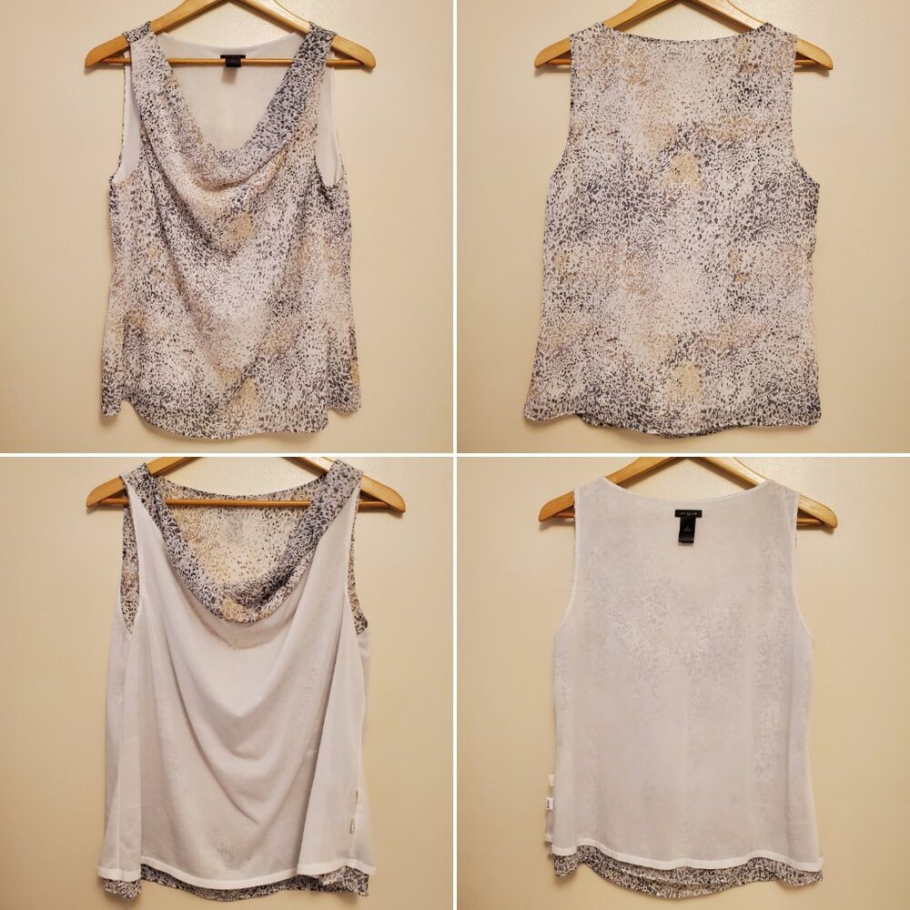 Ann Taylor Factory Cream Gray Patterned Sleeveless Cowl-Neck Shell Top - (M) - Picture 7 of 14
